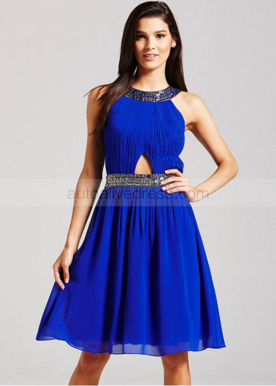 Royal Blue Chiffon Beads Halter Neckline Short Prom Dress 